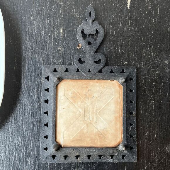 Vintage Cherry Japan Cast Iron Trivet with Enamel Folk Art Tile - Picture 6 of 8